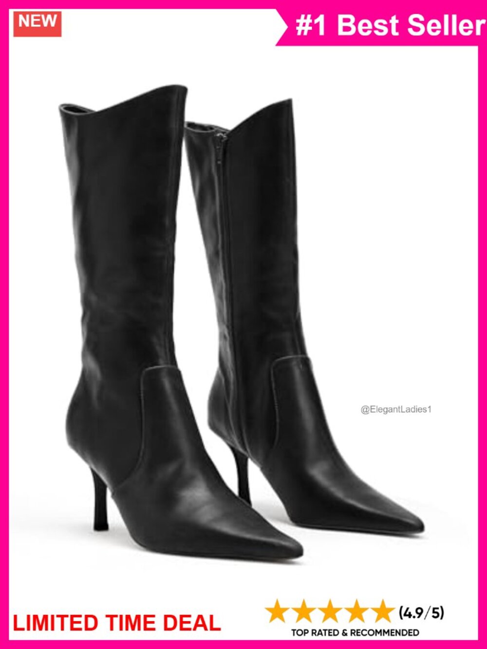 Faux Leather Mid Calf Boots Pointed Toe High Heel Side Zip Dress Shoes